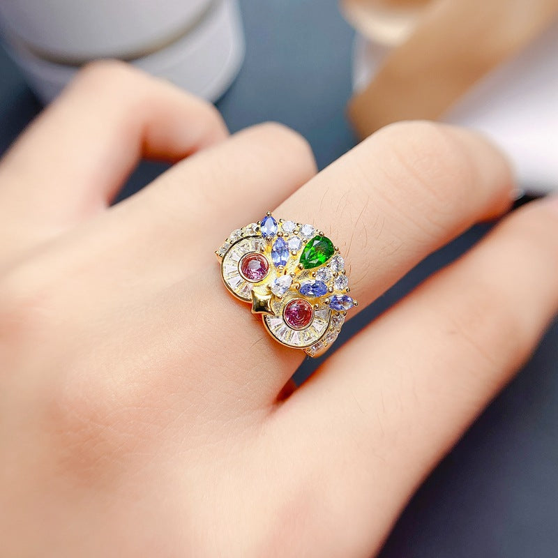 S925 Silver Natural Tourmaline Owl Ring Sided with Diopside and Moissanite