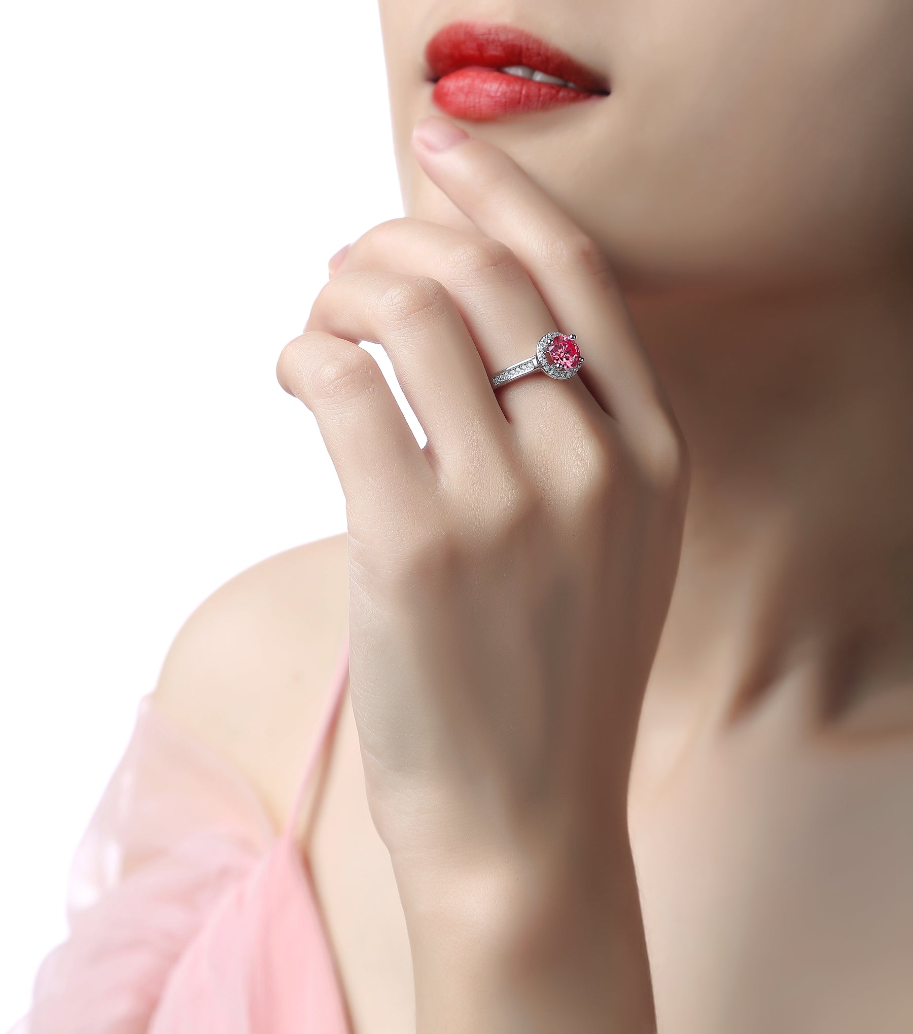 【02LIVE # link 57- BUY 1 GET 1 free ring】Rose Quartz Pendant Necklace LC001Adjustable Moissanite Luxury round bag pink drill Ring R4494-6.5 Pink Drill