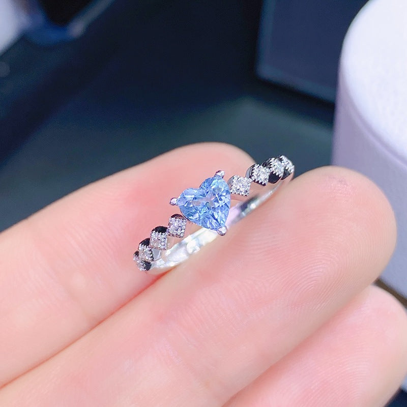 S925 Sterling Silver Heart Shape Natural Aquamarine Ring