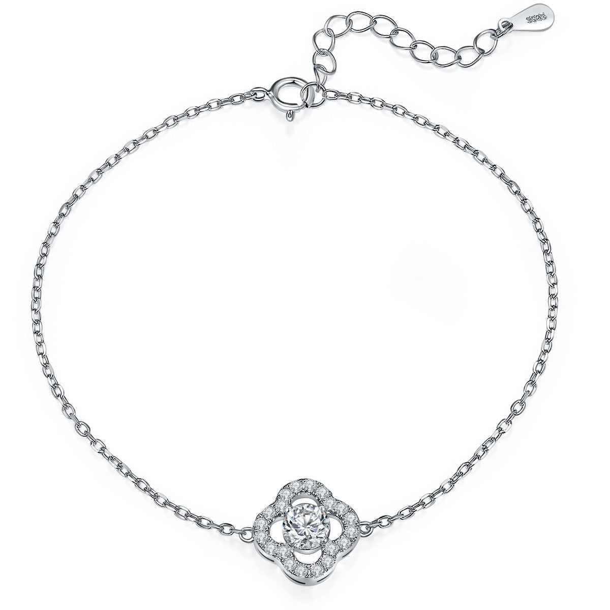S925 Silver Moissanite Diamond Four-leaf Clover Bracelets 17cm+3cm BM6003