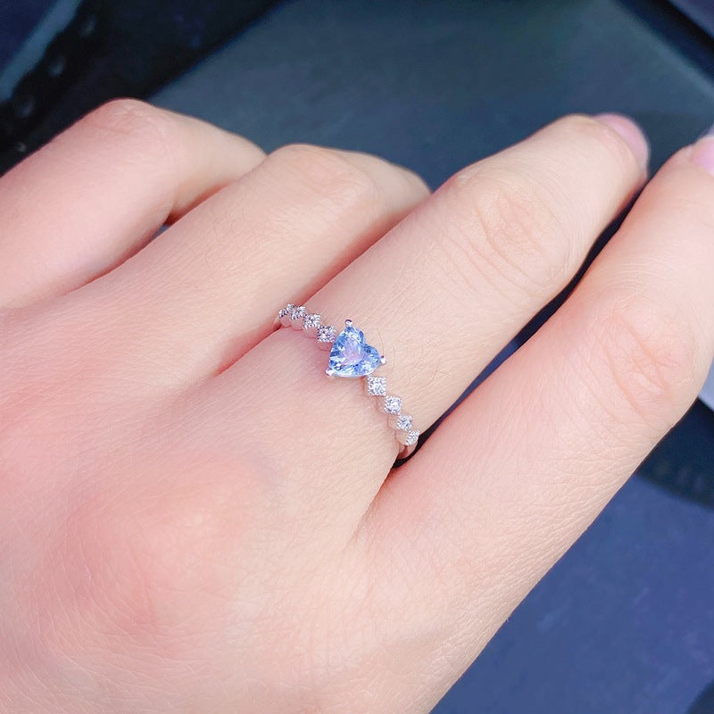 S925 Sterling Silver Heart Shape Natural Aquamarine Ring