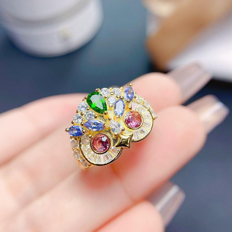 S925 Silver Natural Tourmaline Owl Ring Sided with Diopside and Moissanite
