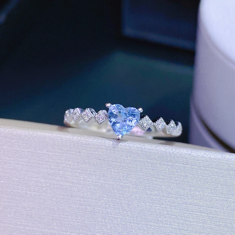 S925 Sterling Silver Heart Shape Natural Aquamarine Ring