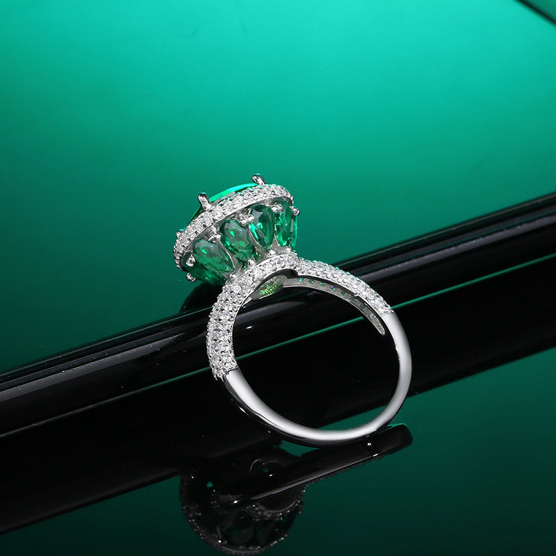 S925 Sterling Silver High Carbon Diamond Emerald Ring