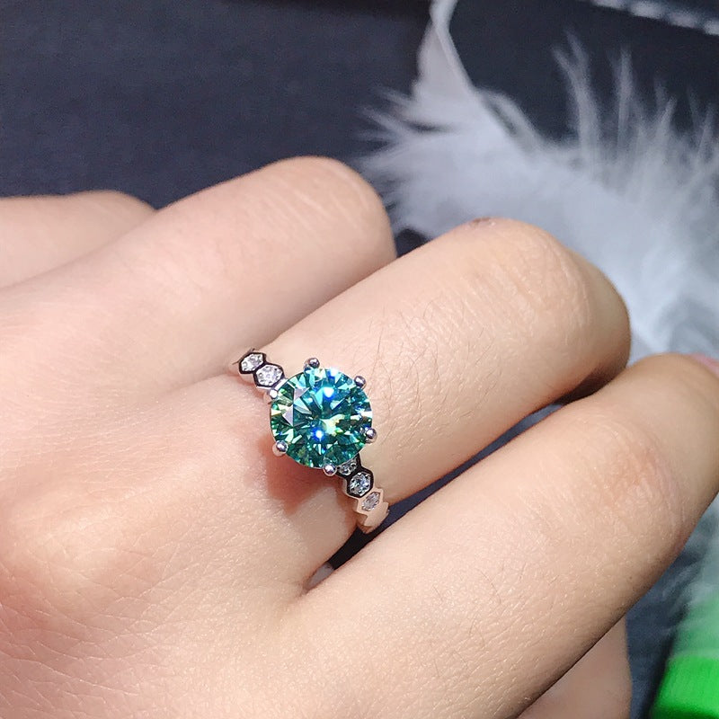 1Ct Green Moissanite S925 Silver Ring