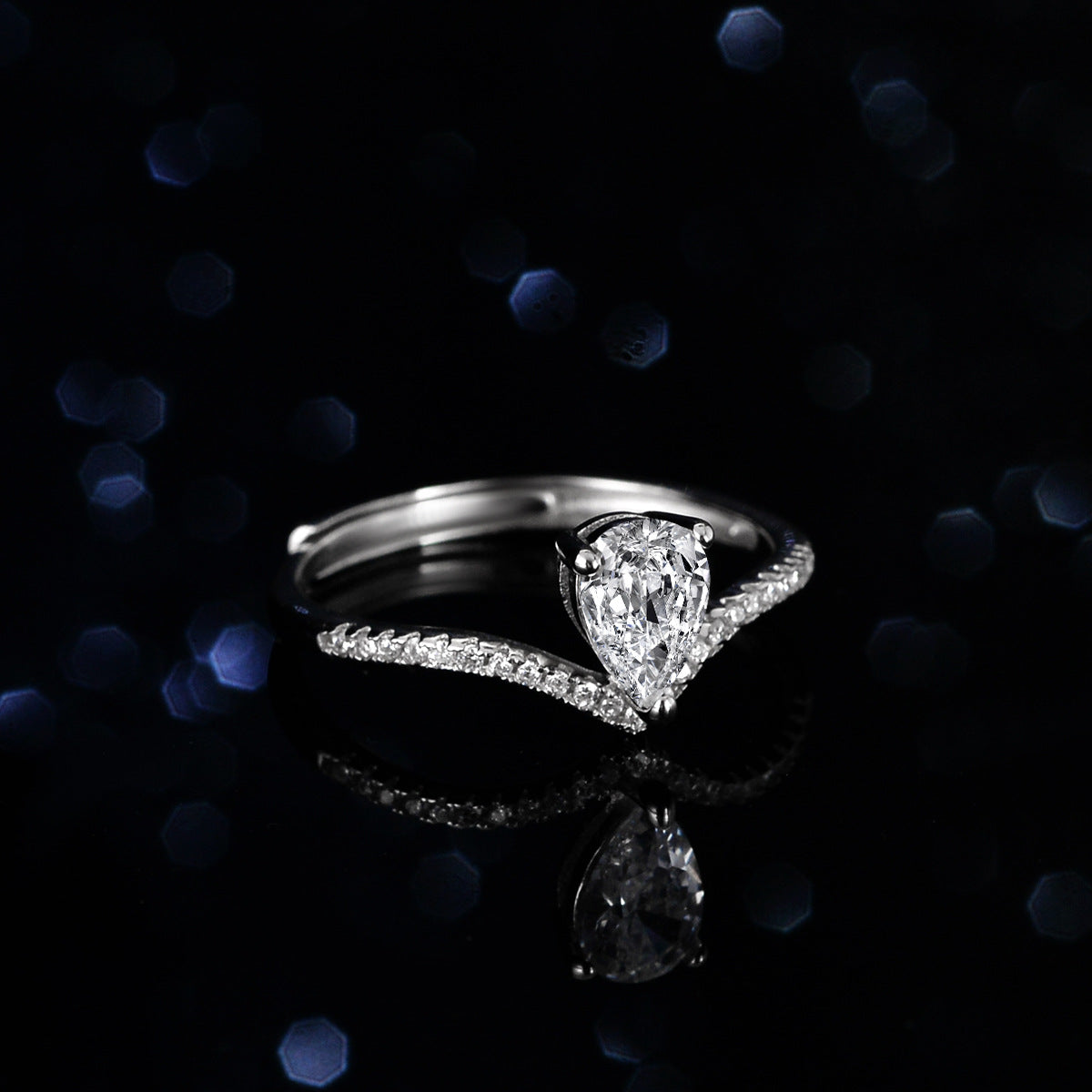 Sterling Silver Blue Topa Moissanite Ring Drop/Pear Shape