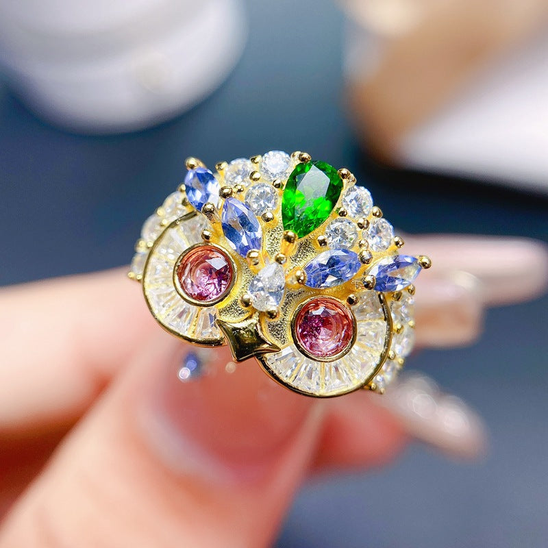 S925 Silver Natural Tourmaline Owl Ring Sided with Diopside and Moissanite
