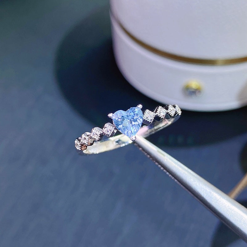 S925 Sterling Silver Heart Shape Natural Aquamarine Ring