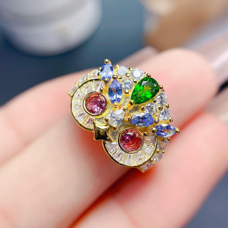 S925 Silver Natural Tourmaline Owl Ring Sided with Diopside and Moissanite