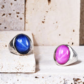 Six-ray Starlight Pink Blue Gemstone Ring S925 Silver Ring