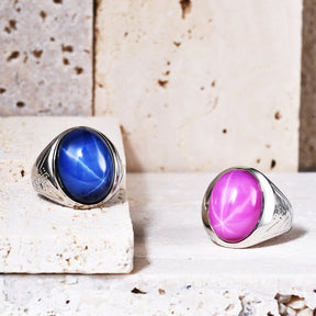 Six-ray Starlight Pink Blue Gemstone Ring S925 Silver Ring