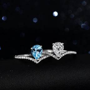 Sterling Silver Blue Topa Moissanite Ring Drop/Pear Shape