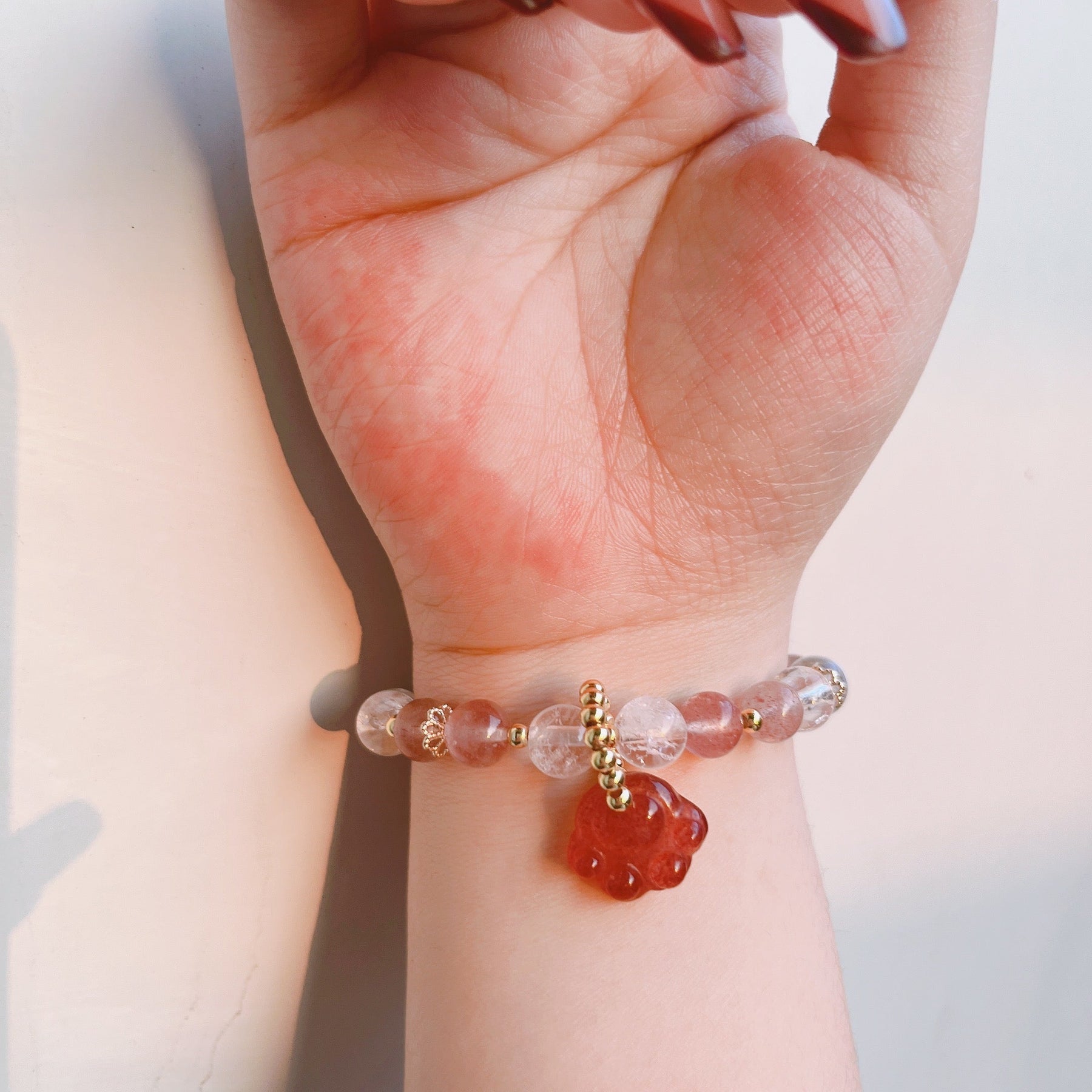 Strawberry Quartz Cat Paw Crystal Bracelet