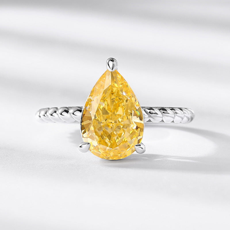 S925 Silver Pear Pigeon Egg Light Yellow Ice Flower Cut High Carbon Diamond Ring