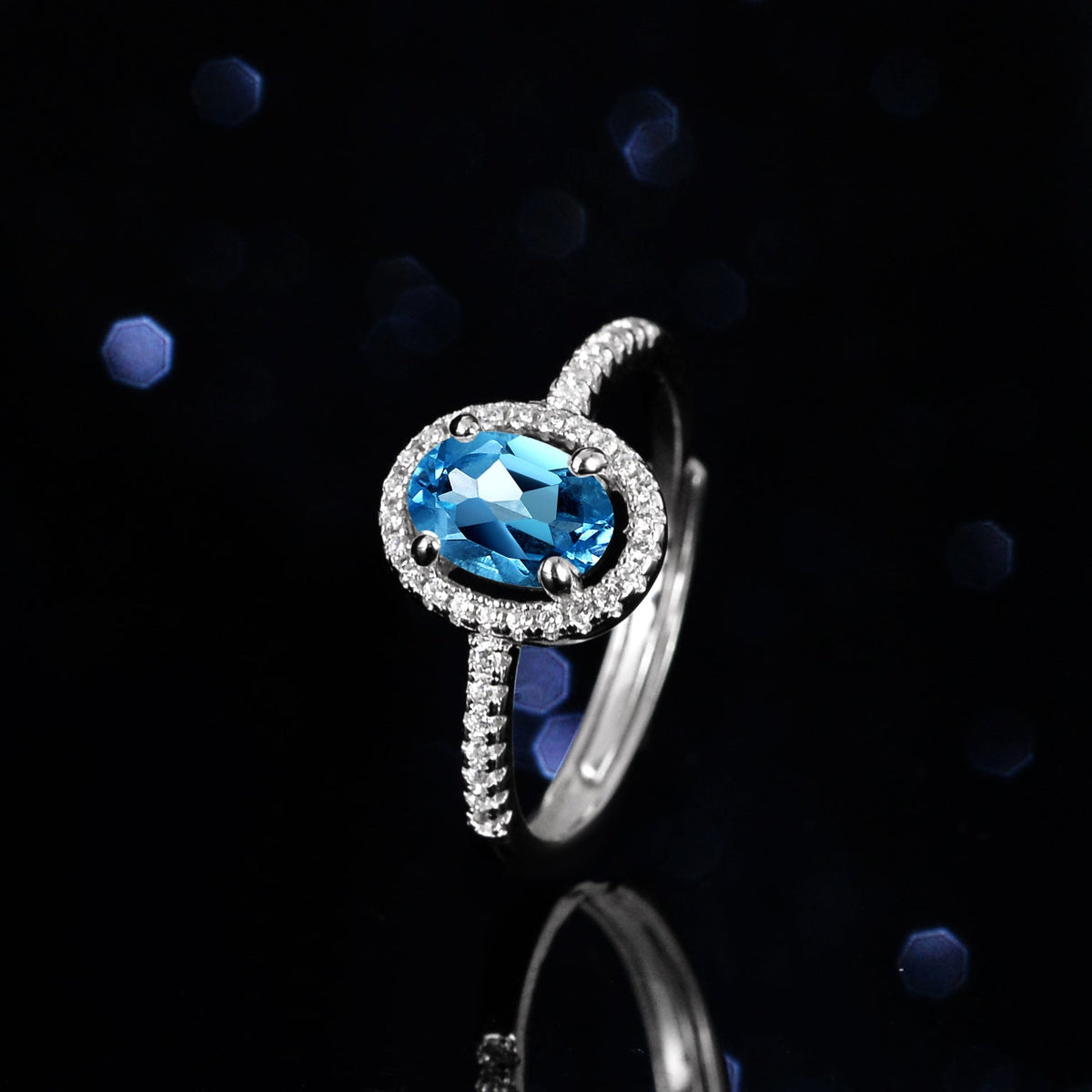 Sterling Silver Natural Blue Topa Moissanite Ring