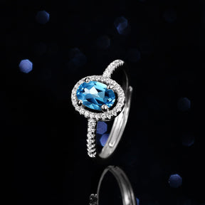 Sterling Silver Natural Blue Topa Moissanite Ring