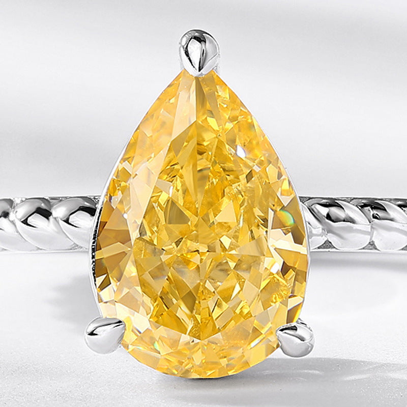 S925 Silver Pear Pigeon Egg Light Yellow Ice Flower Cut High Carbon Diamond Ring