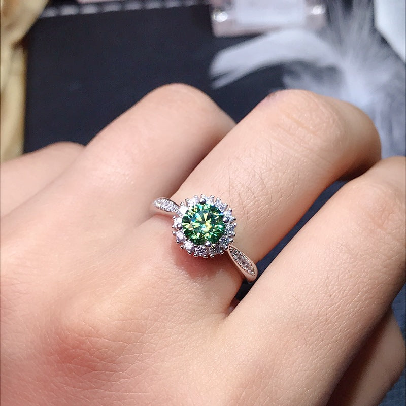 S925 Silver Green Moissanite Ring