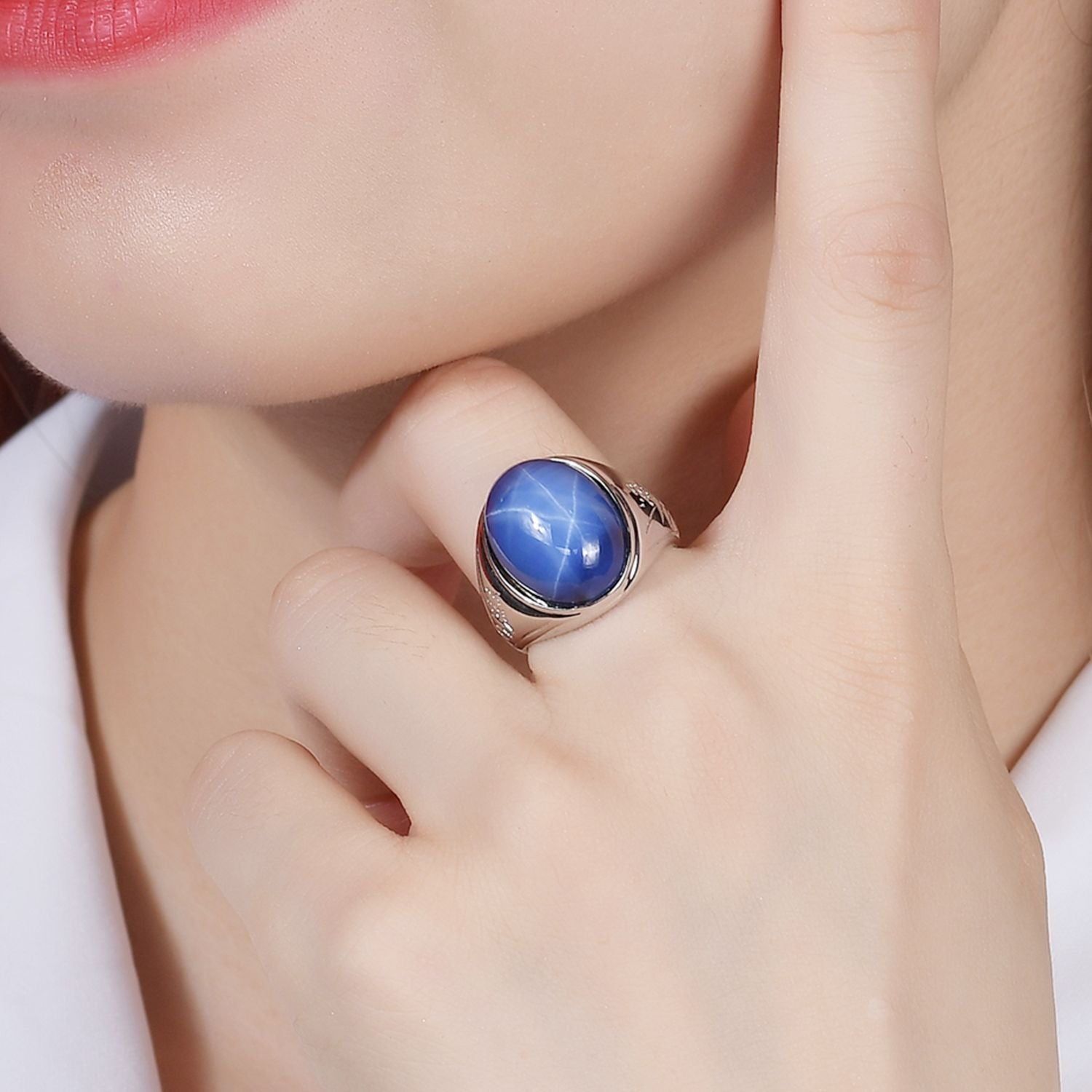 Six-ray Starlight Pink Blue Gemstone Ring S925 Silver Ring