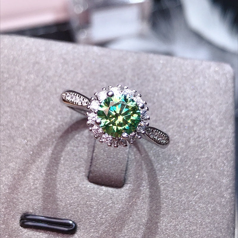 S925 Silver Green Moissanite Ring