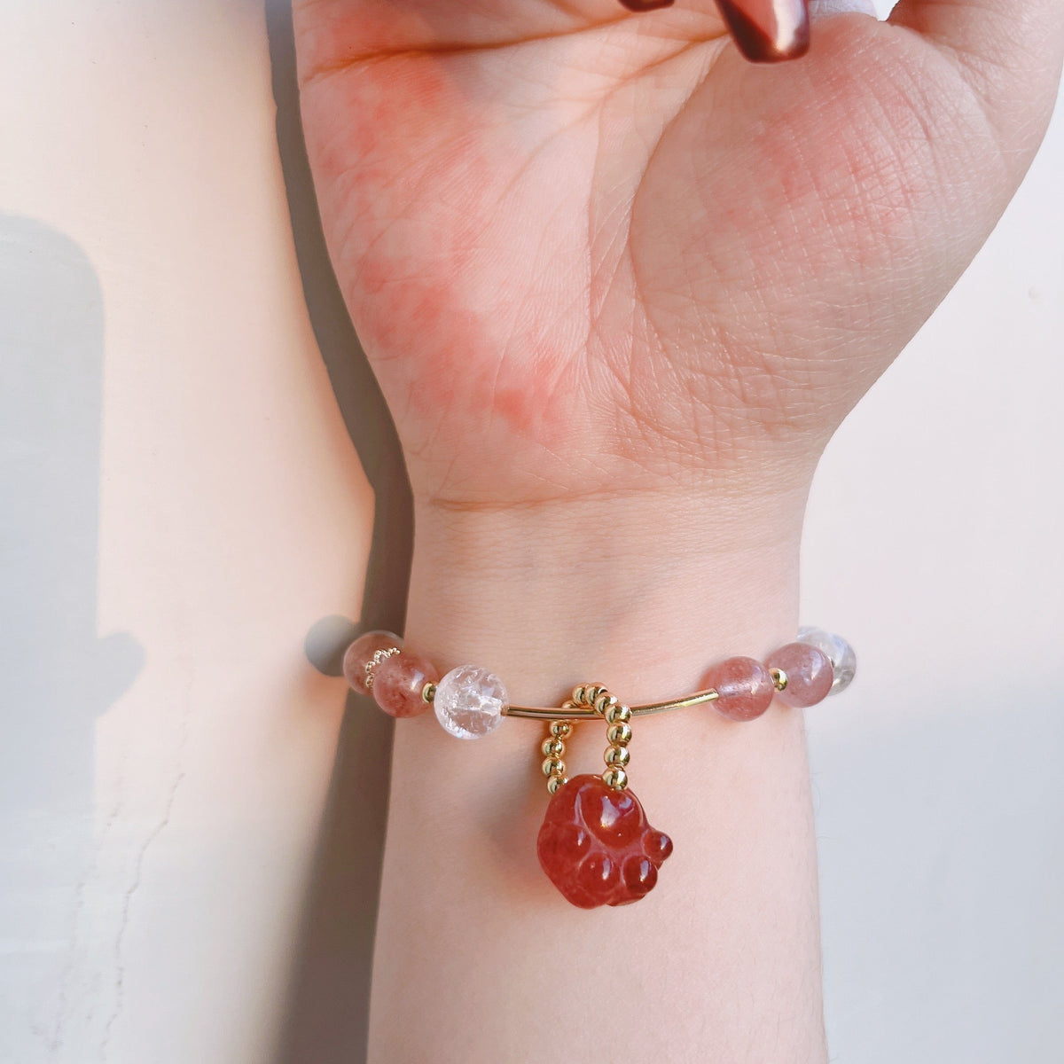 Strawberry Quartz Cat Paw Crystal Bracelet