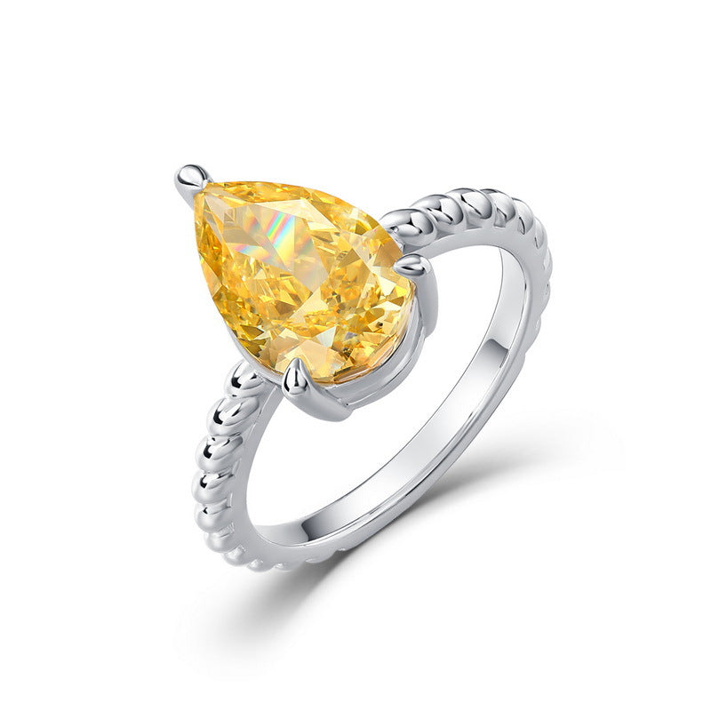 S925 Silver Pear Pigeon Egg Light Yellow Ice Flower Cut High Carbon Diamond Ring