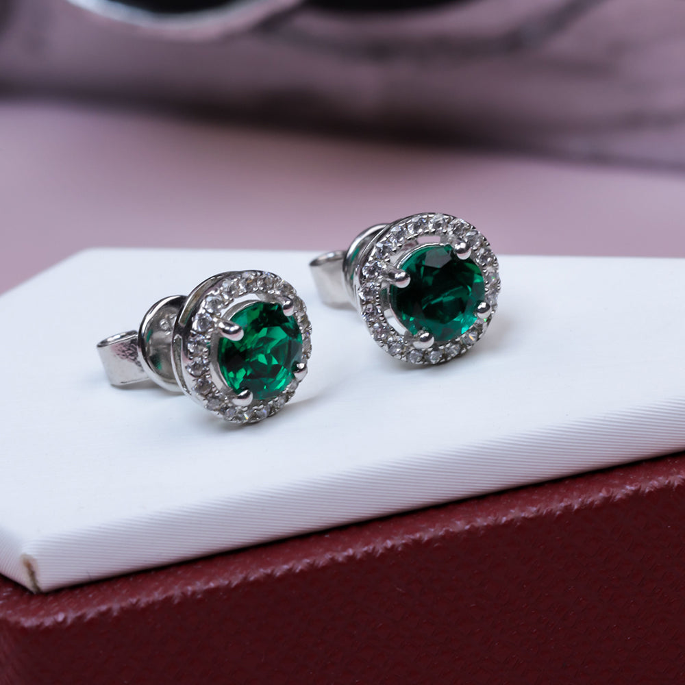 Sterling Silver Emerald Round Stud Earrings SH-E2020280